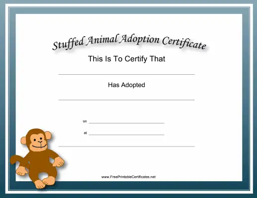 Adoption Certificate Stuffed Animal Monkey Academic