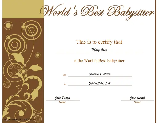 World's Best Babysitter certificate