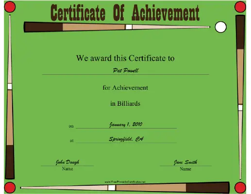 Billiards certificate