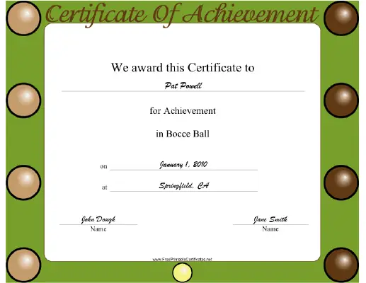 Bocce Ball certificate