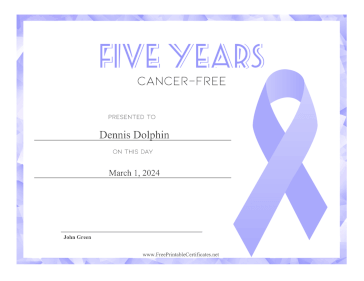 Five Years Cancer-Free certificate