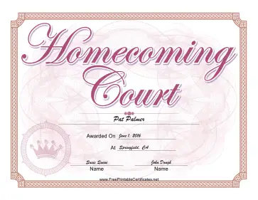 Homecoming Court Certificate Girl certificate