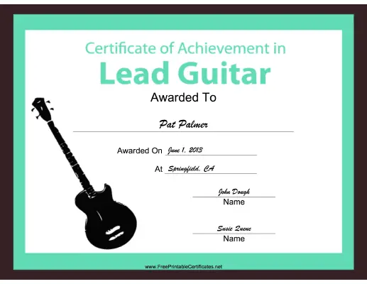 Lead Guitar Instrumental Music certificate