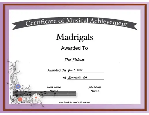 Madrigals Vocal Music certificate