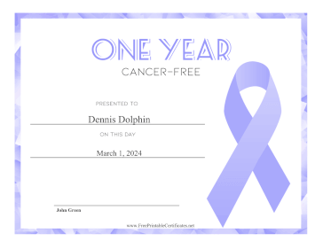One Year Cancer-Free certificate