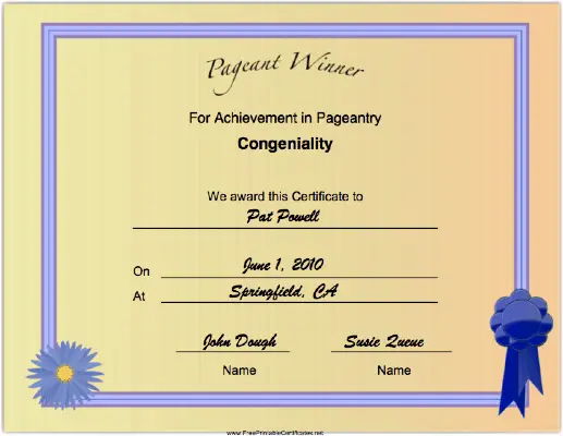 Pageant Congeniality Achievement certificate