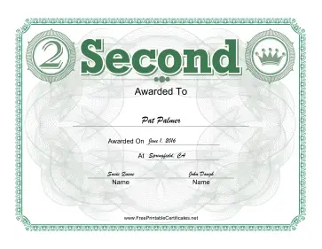 Second Place certificate