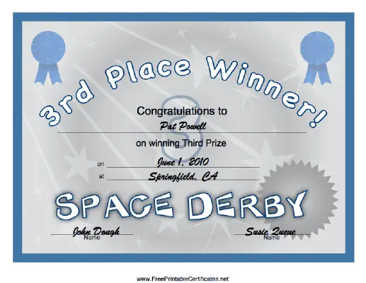 Space Derby 3rd Place certificate