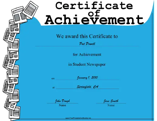 Student Newspaper certificate