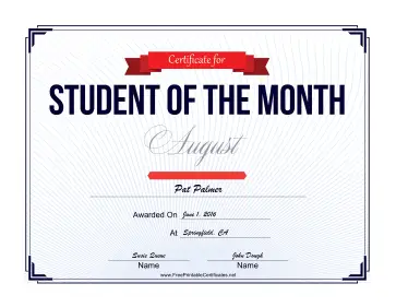 Student of the Month Certificate for August certificate