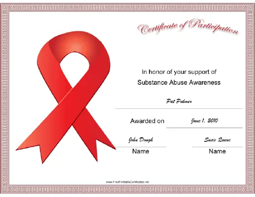 Substance Abuse Awareness Ribbon certificate