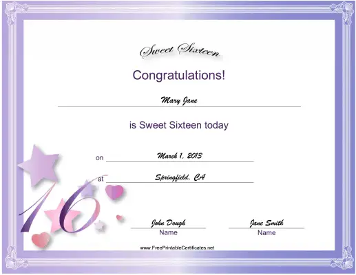 Sweet Sixteen certificate