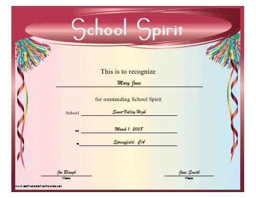 School Spirit certificate