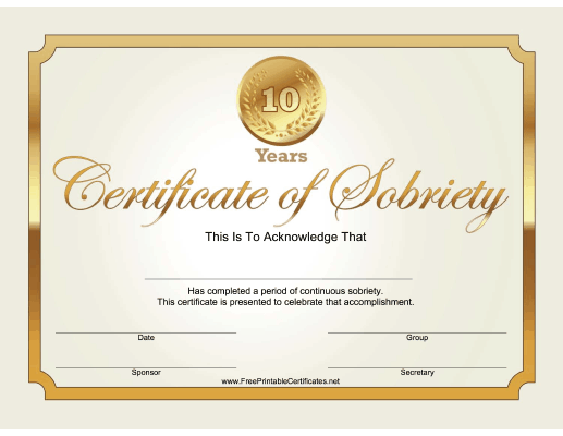 10 Years Sobriety Certificate (Gold)