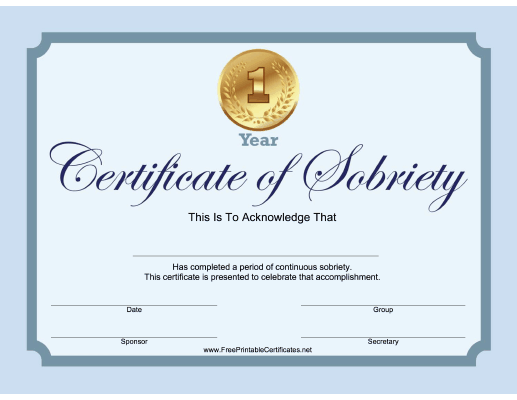 1 Year Sobriety Certificate (Blue)