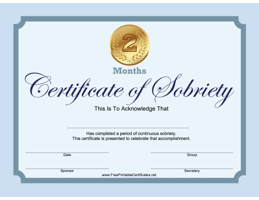 2 Months Sobriety Certificate (Blue)