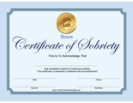 2 Years Sobriety Certificate (Blue)