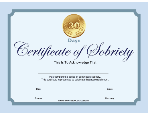 30 Days Sobriety Certificate (Blue)