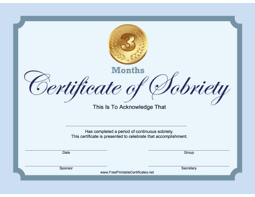 3 Months Sobriety Certificate (Blue)