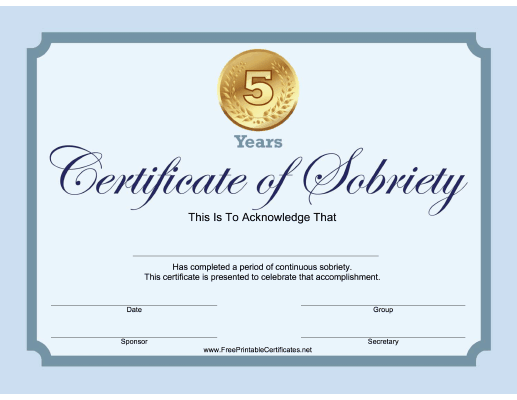 5 Years Sobriety Certificate (Blue)