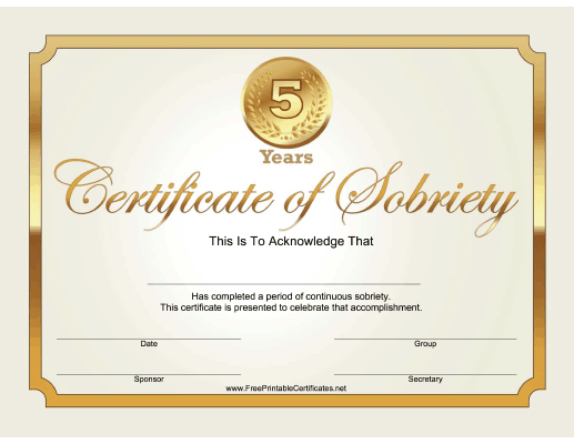 5 Years Sobriety Certificate (Gold)