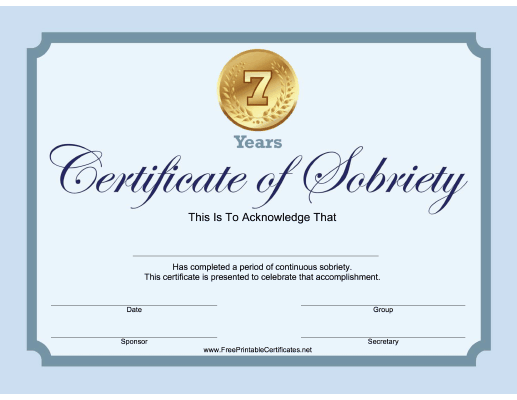 7 Years Sobriety Certificate (Blue)