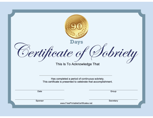 90 Days Sobriety Certificate (Blue)