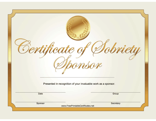 Sobriety Sponsor Certificate (Gold)