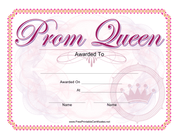 Prom Queen Certificate Printable Certificate