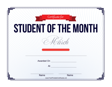 Student of the Month Certificate for March