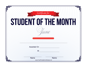 Student of the Month Certificate for June