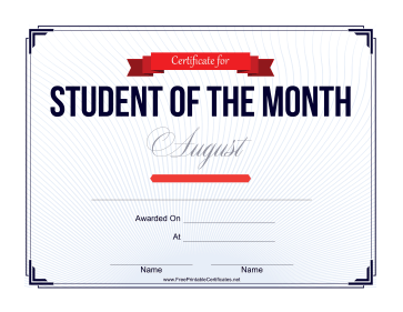 Student of the Month Certificate for August