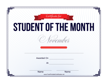 Student of the Month Certificate for November