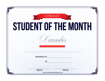 Student of the Month Certificate for December