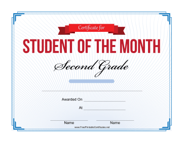 Student of the Month Certificate for Second Grade