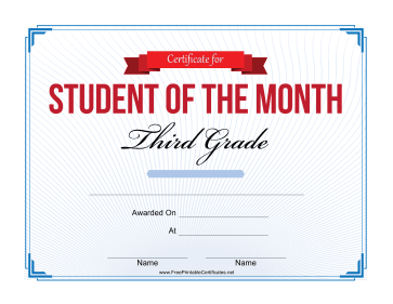 Student of the Month Certificate for Third Grade