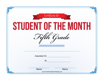 Student of the Month Certificate for Fifth Grade