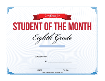 Student of the Month Certificate for Eighth Grade