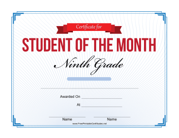 Student of the Month Certificate for Ninth Grade