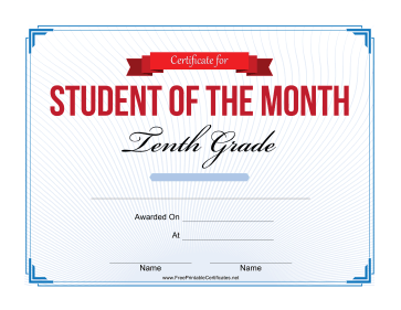 Student of the Month Certificate for Tenth Grade