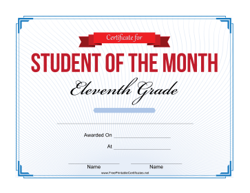 Student of the Month Certificate for Eleventh Grade