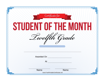 Student of the Month Certificate for Twelfth Grade