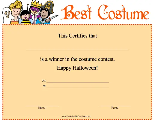 Halloween Best Costume Printable Certificate