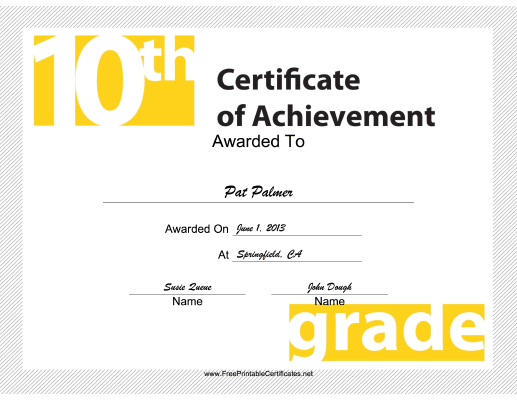 10th Grade Achievement certificate