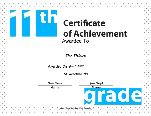 11th Grade Achievement Certificate Printable Certificate