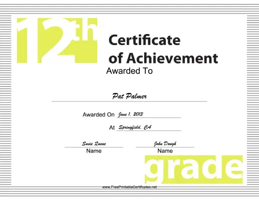12th Grade Achievement Certificate Printable Certificate