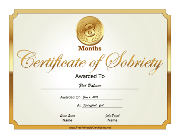 8 Months Sober certificate