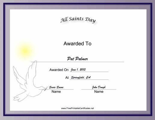 All Saints Day Holiday certificate