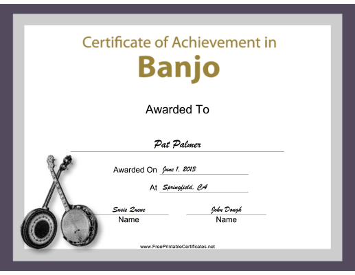 Banjo Instrumental Music certificate