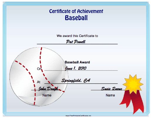 Baseball Achievement certificate